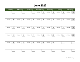 June 2022 Calendar with Day Numbers