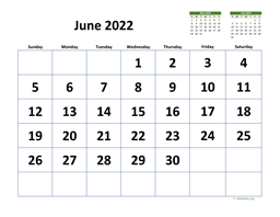 June 2022 Calendar with Extra-large Dates