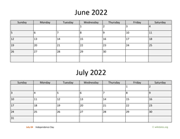 june and july 2022 calendar