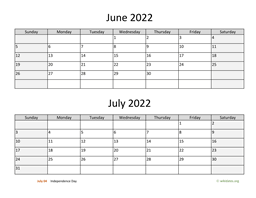 June and July 2022 Calendar