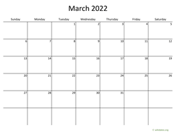 March 2022 Calendar with Bigger boxes