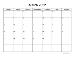 Basic Calendar for March 2022