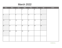 March 2022 Calendar with Notes
