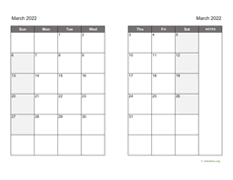 March 2022 Calendar on two pages
