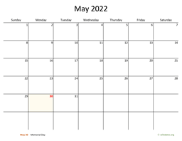 May 2022 Calendar with Bigger boxes