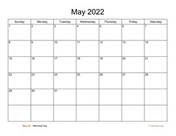 Basic Calendar for May 2022