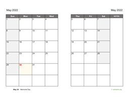 May 2022 Calendar on two pages