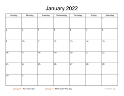 Monthly Basic Calendar for 2022