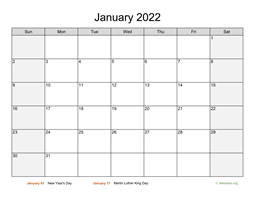 Monthly 2022 Calendar with Weekend Shaded