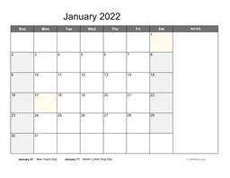 Monthly 2022 Calendar with Notes