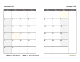 Monthly 2022 Calendar on two pages