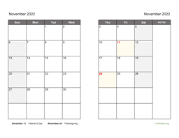 November 2022 Calendar on two pages