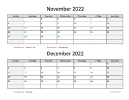 november and december 2022 calendar