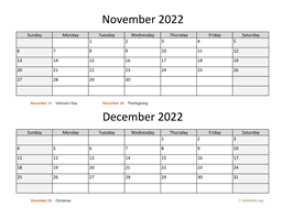 November and December 2022 Calendar