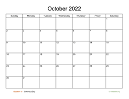 Basic Calendar for October 2022
