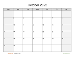 October 2022 Calendar with Weekend Shaded