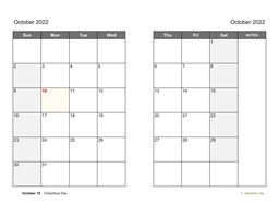 October 2022 Calendar on two pages