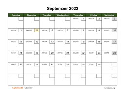 September 2022 Calendar with Day Numbers