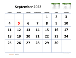 September 2022 Calendar with Extra-large Dates