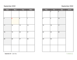 September 2022 Calendar on two pages
