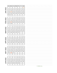 six months 2022 calendar vertical with notes