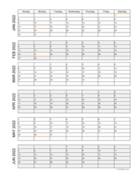 six months 2022 calendar vertical