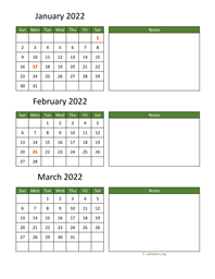 three months 2022 calendar vertical with notes
