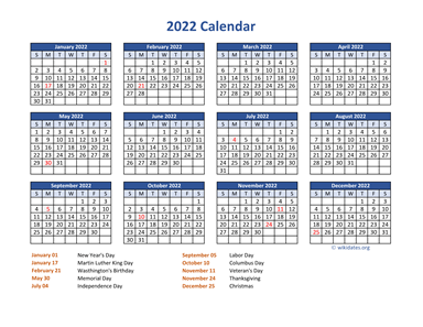 PDF Calendar 2022 with Federal Holidays