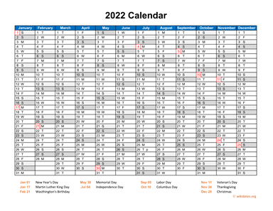 2022 Calendar Horizontal, One Page
