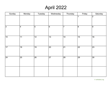 Basic Calendar for April 2022