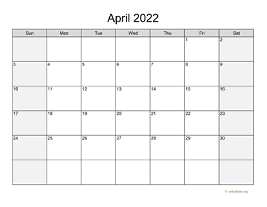April 2022 Calendar with Weekend Shaded