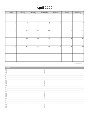 April 2022 Calendar with To-Do List