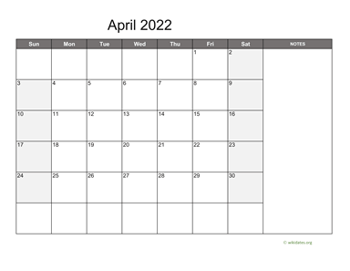 April 2022 Calendar with Notes