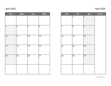 April 2022 Calendar on two pages