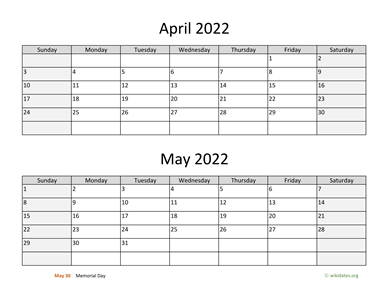 April and May 2022 Calendar Horizontal