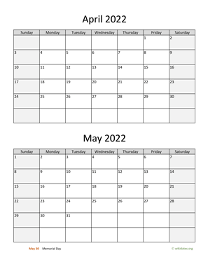 April and May 2022 Calendar Vertical