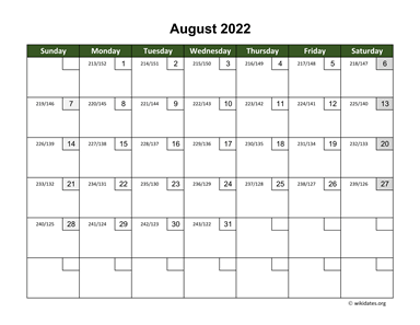 August 2022 Calendar with Day Numbers