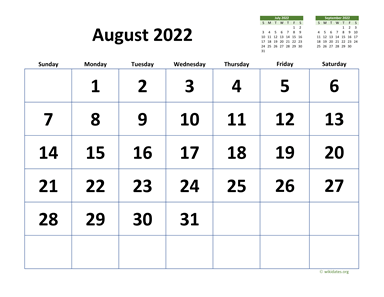 August 2022 Calendar with Extra-large Dates