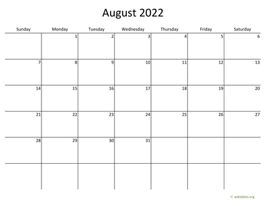 August 2022 Calendar with Bigger boxes