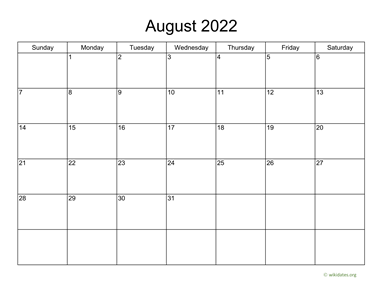Basic Calendar for August 2022