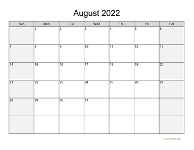 August 2022 Calendar with Weekend Shaded