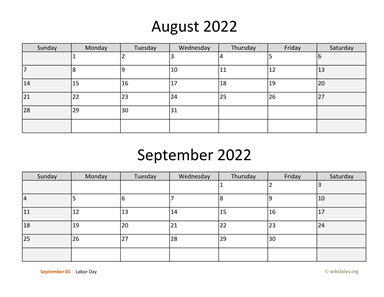 August and September 2022 Calendar Horizontal