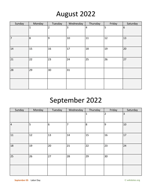 August and September 2022 Calendar Vertical