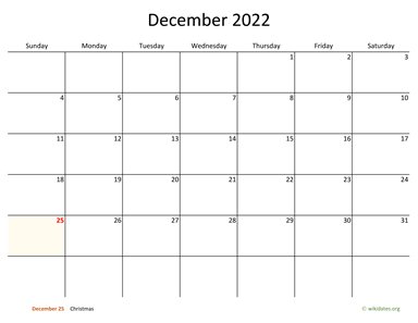 December 2022 Calendar with Bigger boxes