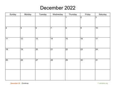 Basic Calendar for December 2022