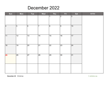 December 2022 Calendar with Notes