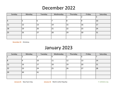 December 2022 and January 2023 Calendar Horizontal