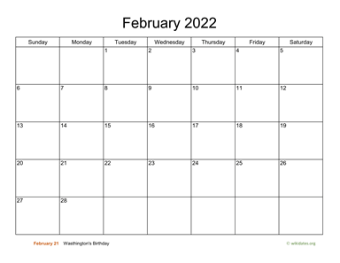 Basic Calendar for February 2022