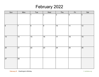 February 2022 Calendar with Weekend Shaded