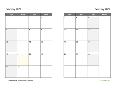 February 2022 Calendar on two pages